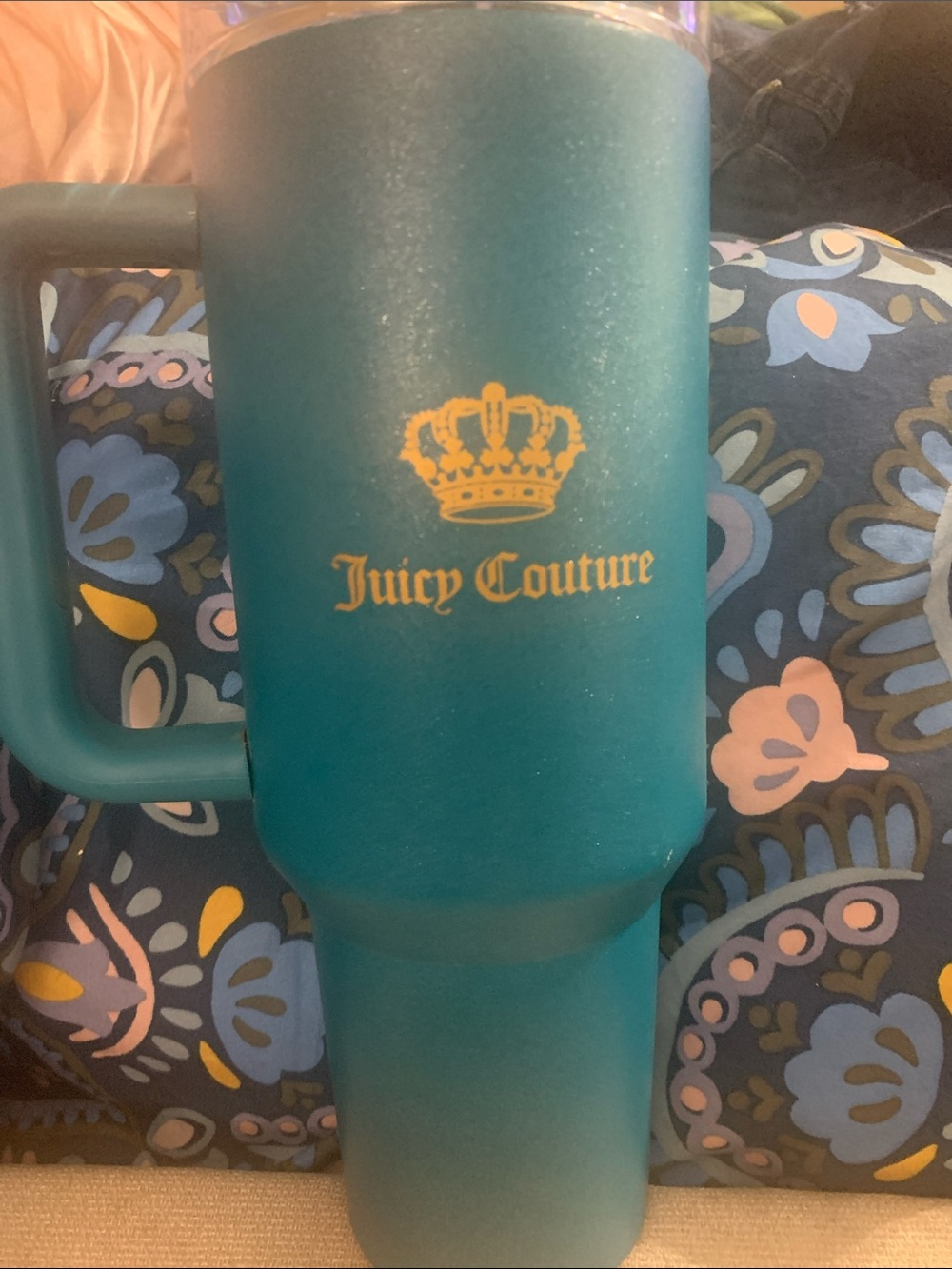Juicy Couture Teal Glitter Travel Tumbler with Gold Logo
